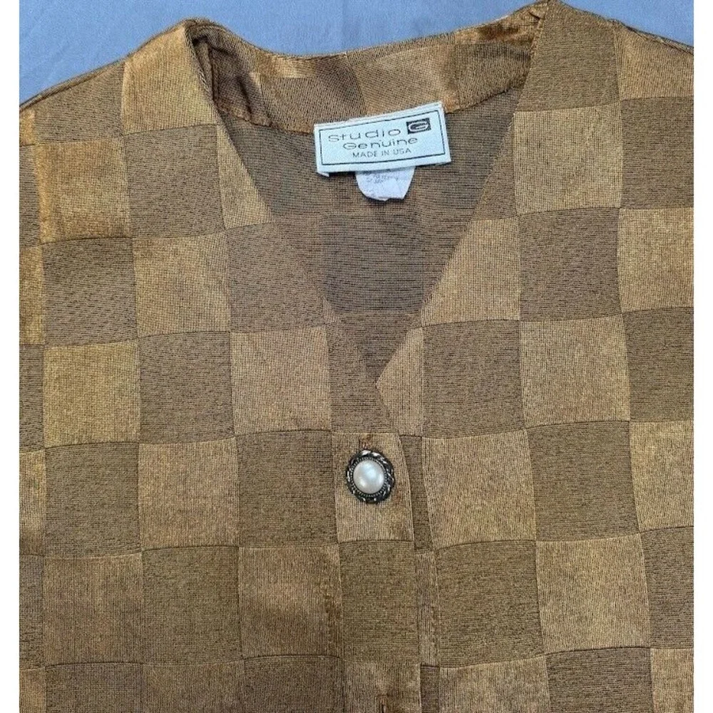 Studio G Jacket Women Small Gold Plaid V Neck‎  Long Sleeve Buttons Top